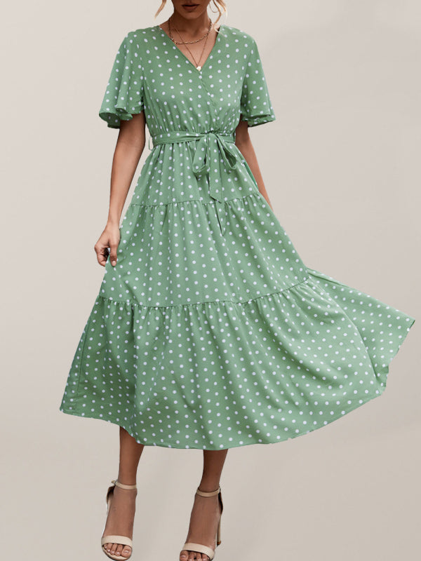 Women's Polka Dot Print Short Sleeve Midi Dress