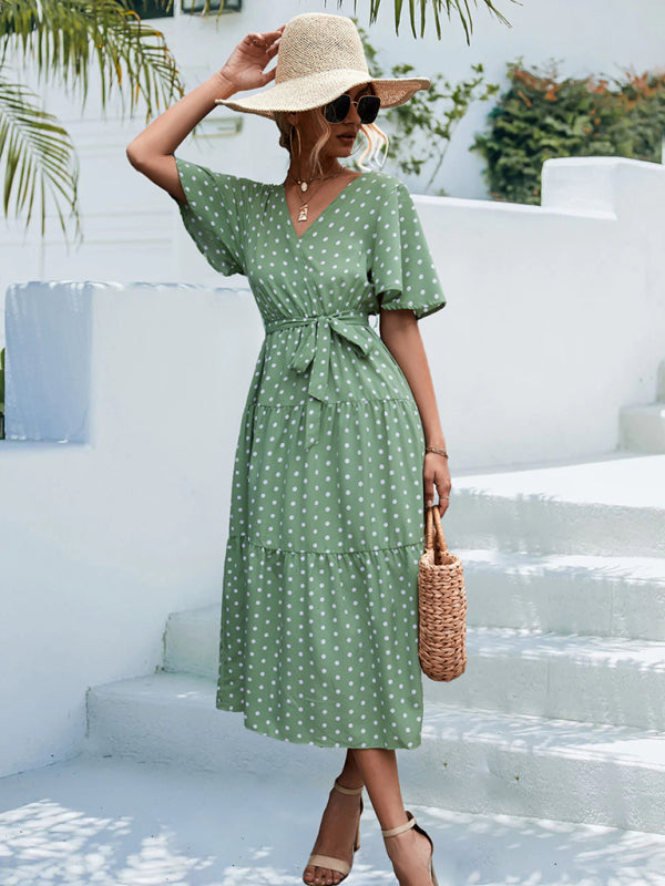 Women's Polka Dot Print Short Sleeve Midi Dress