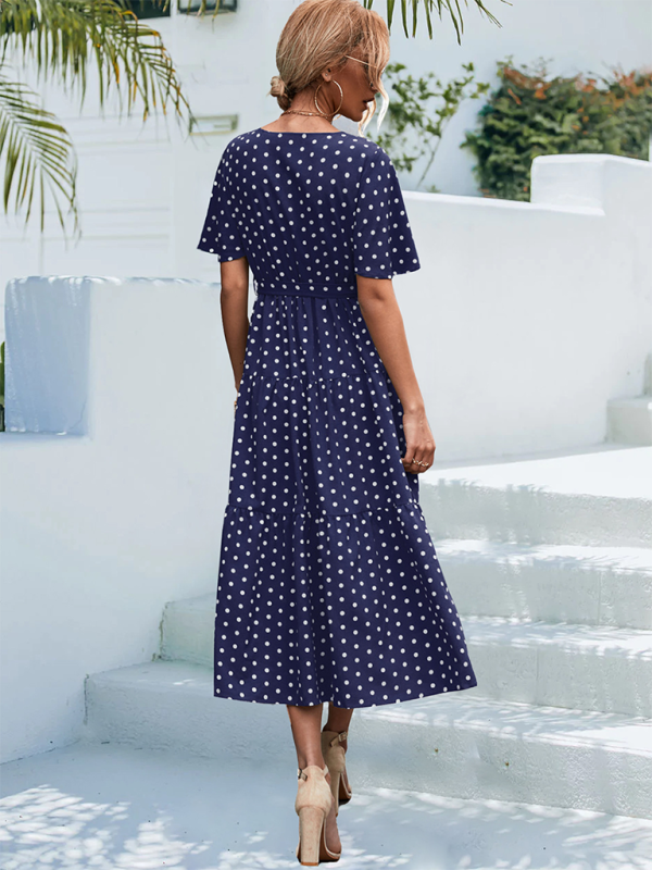 Women's Polka Dot Print Short Sleeve Midi Dress