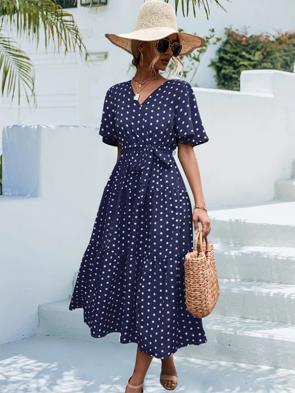 Women's Polka Dot Print Short Sleeve Midi Dress