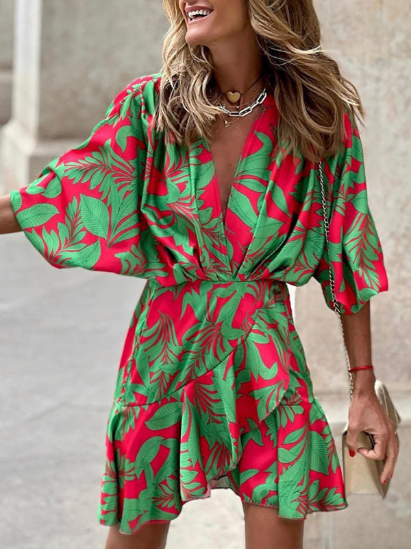 Women's Printed Deep V Puff Sleeves Elegant Lotus Leaf Dress