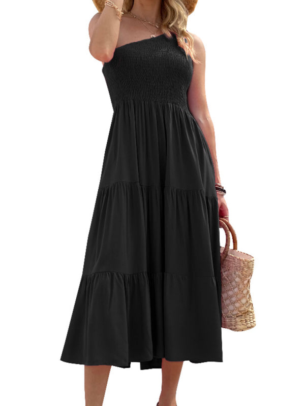 Women's Solid-color One-shoulder Smocked Tiered Midi Dress