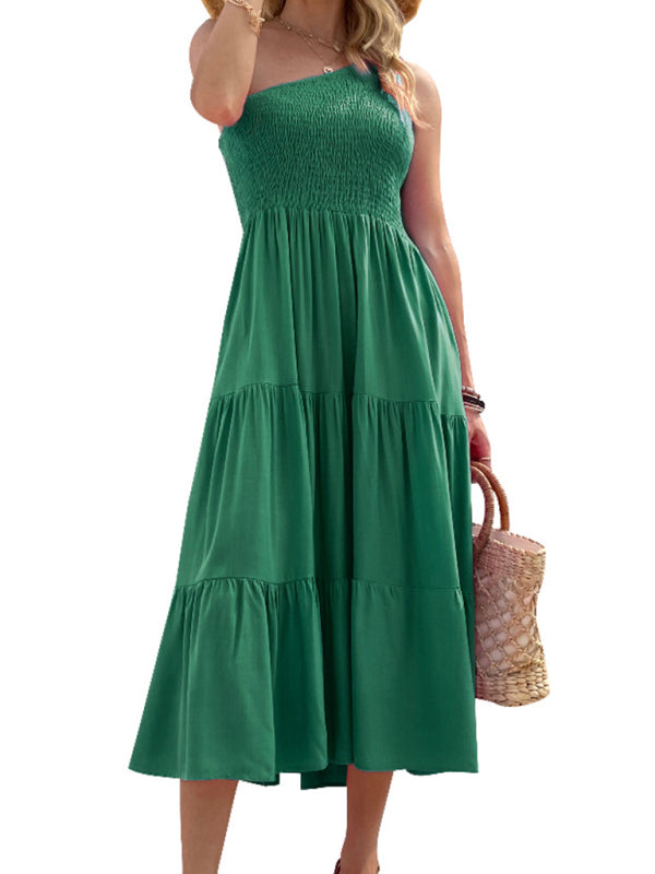 Women's Solid-color One-shoulder Smocked Tiered Midi Dress