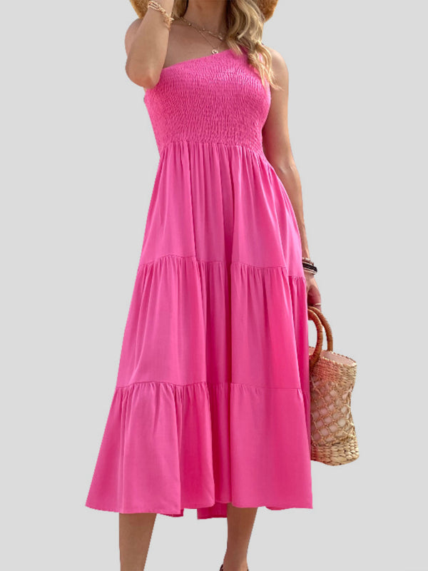 Women's Solid-color One-shoulder Smocked Tiered Midi Dress