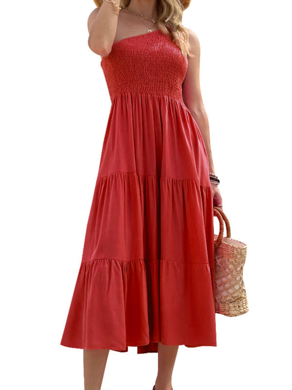 Women's Solid-color One-shoulder Smocked Tiered Midi Dress