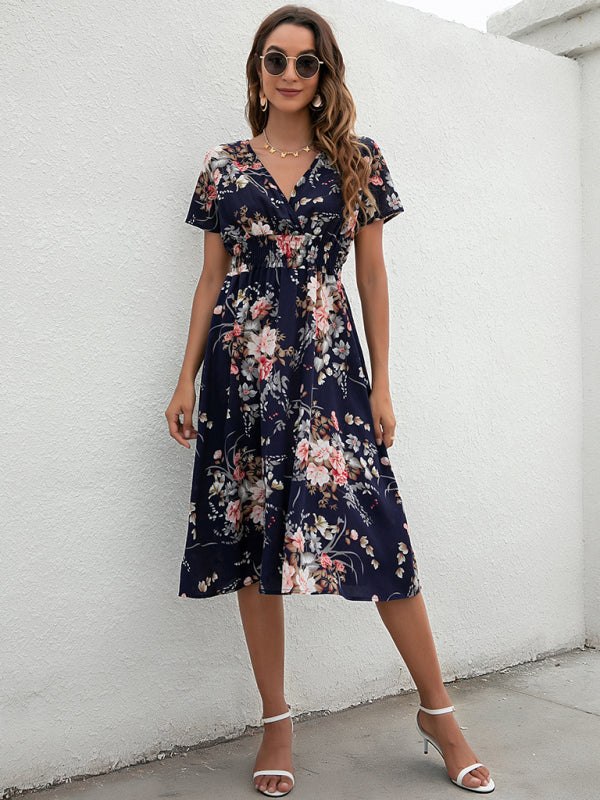 Summer new elegant casual vacation V-neck floral print short-sleeved dress