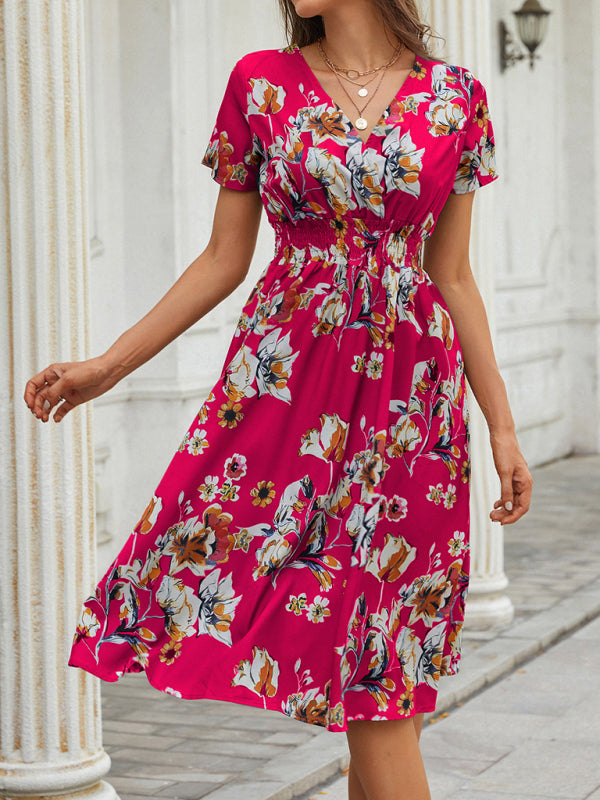 Summer new elegant casual vacation V-neck floral print short-sleeved dress