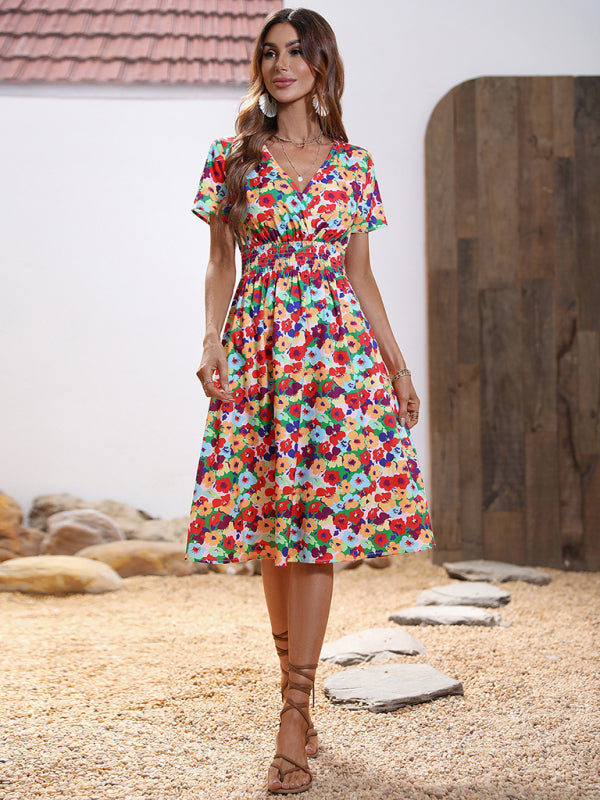 Summer new elegant casual vacation V-neck floral print short-sleeved dress