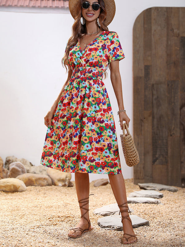 Summer new elegant casual vacation V-neck floral print short-sleeved dress