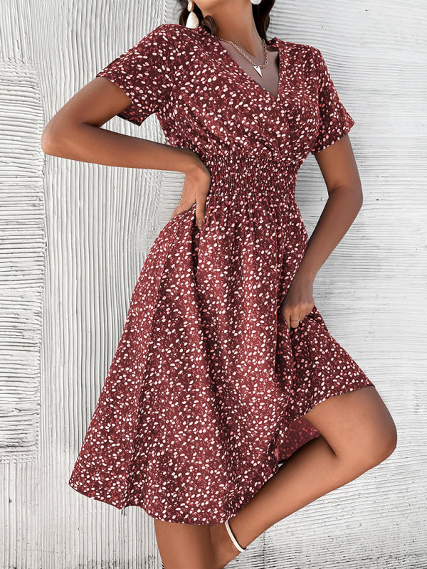 Summer new elegant casual vacation V-neck floral print short-sleeved dress