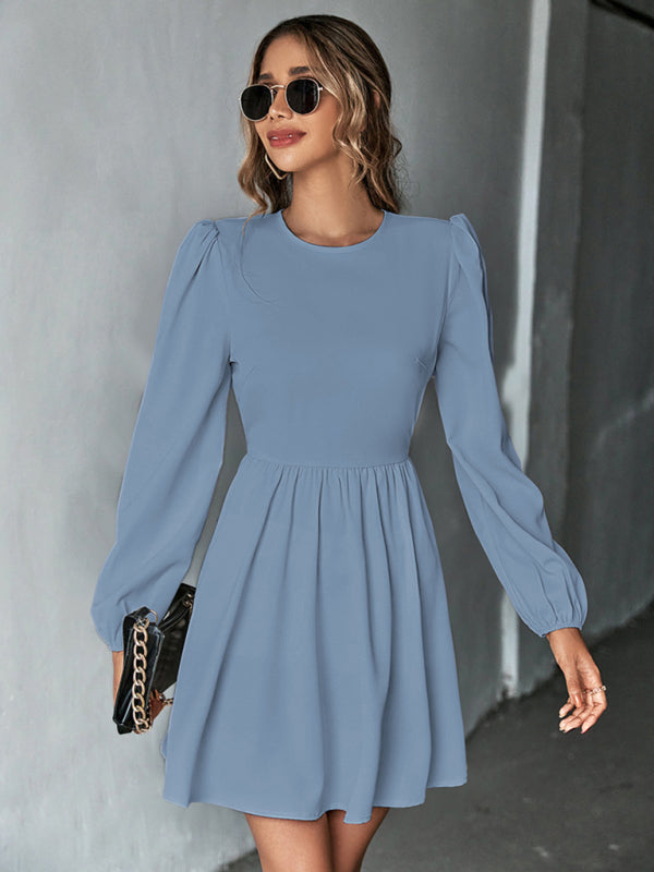 Women's Solid Color Lace-up Back Puff Long Sleeve Mini Dress