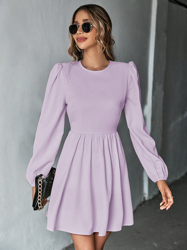 Women's Solid Color Lace-up Back Puff Long Sleeve Mini Dress