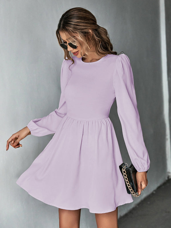 Women's Solid Color Lace-up Back Puff Long Sleeve Mini Dress