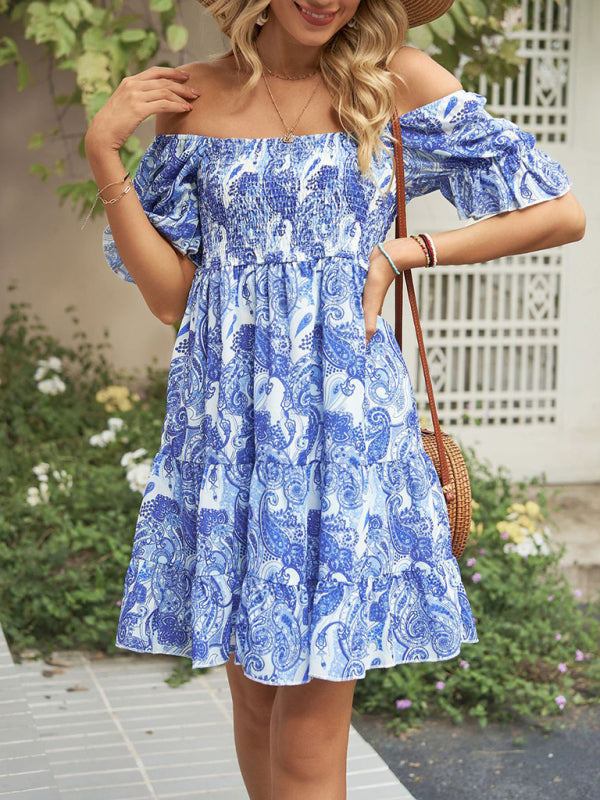 Women's Square Neck Floral Print Chiffon Short Sleeve Dress