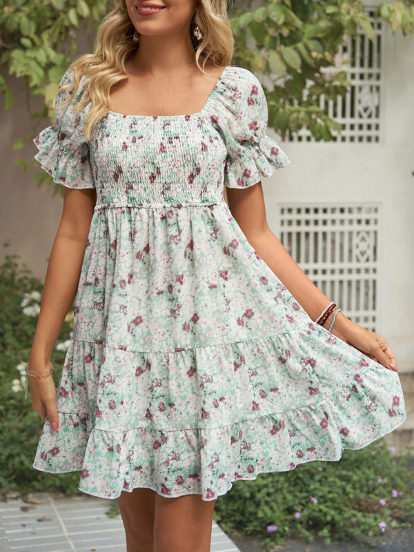 Women's Square Neck Floral Print Chiffon Short Sleeve Dress