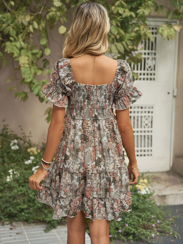 Women's Square Neck Floral Print Chiffon Short Sleeve Dress