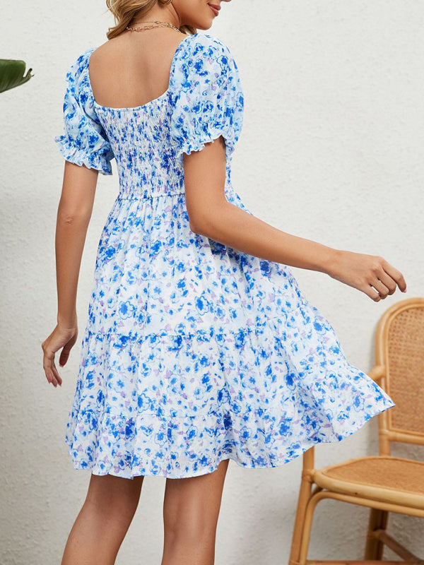 Women's Square Neck Floral Print Chiffon Short Sleeve Dress