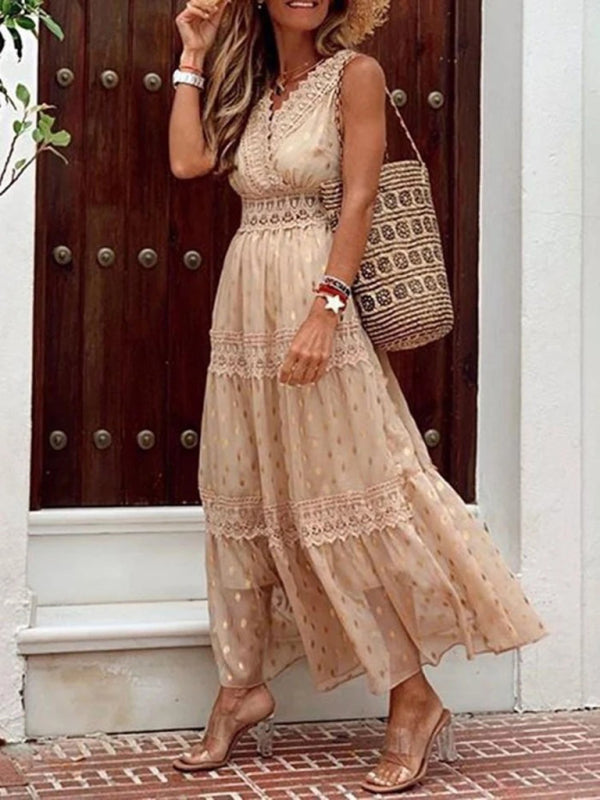 Women's Solid Color Lace-trimmed Midi Dress