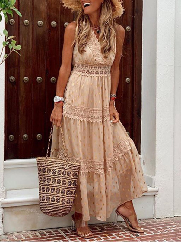 Women's Solid Color Lace-trimmed Midi Dress