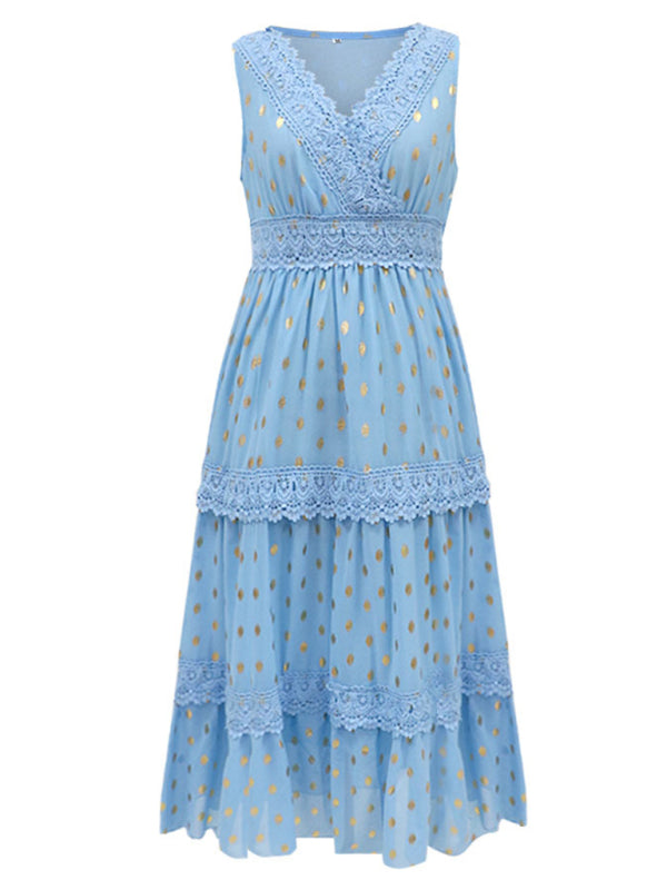 Women's Solid Color Lace-trimmed Midi Dress