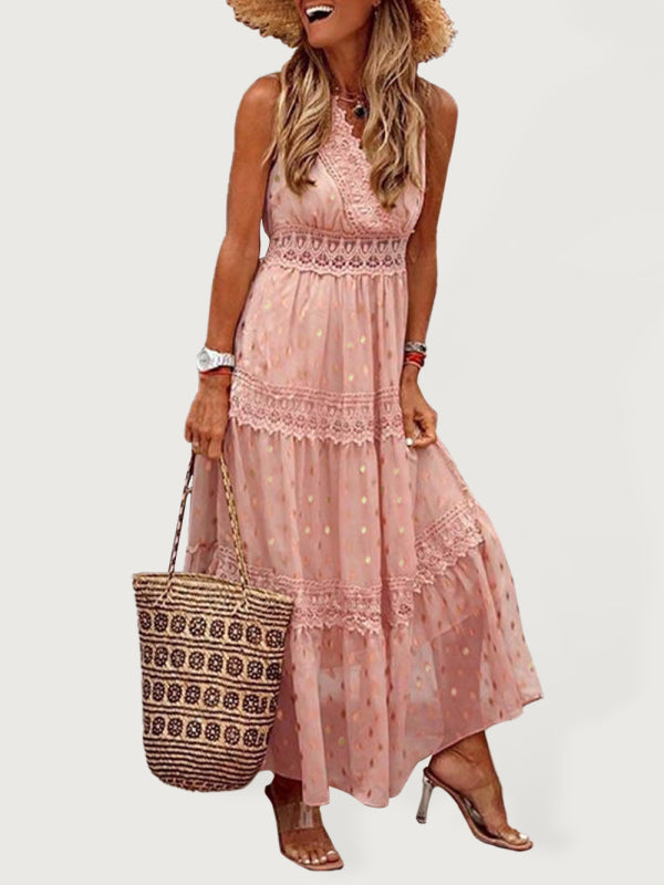 Women's Solid Color Lace-trimmed Midi Dress