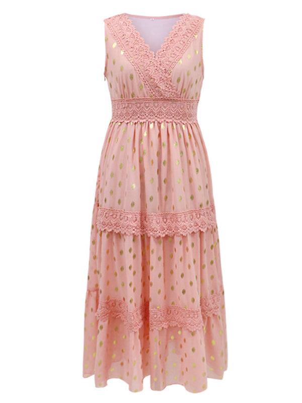 Women's Solid Color Lace-trimmed Midi Dress