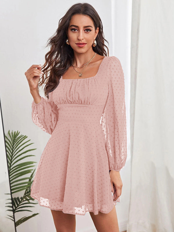 Women's Woven Chiffon Jacquard Elegant Long Sleeve Dress