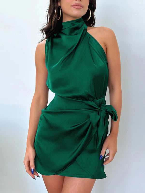 Women's Solid Color Wrap Front Satin Cocktail Dress