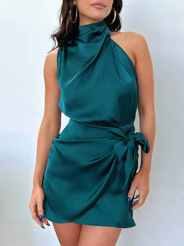 Women's Solid Color Wrap Front Satin Cocktail Dress