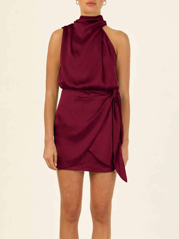 Women's Solid Color Wrap Front Satin Cocktail Dress