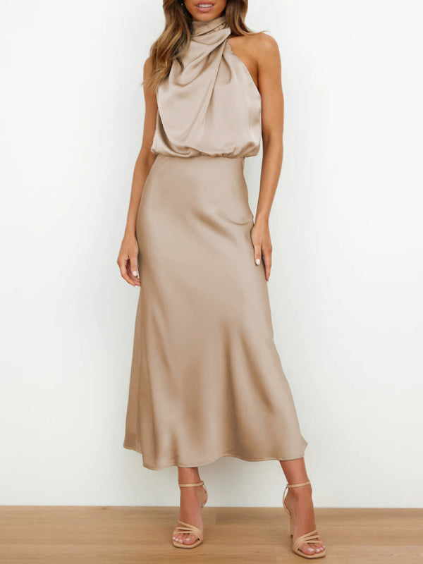 Women's Solid Color Halter Neck Satin Midi Dress