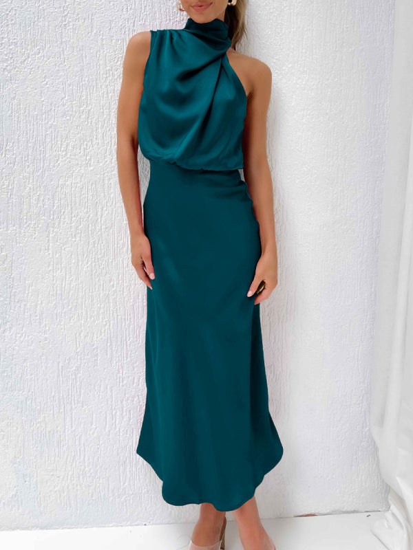 Women's Solid Color Halter Neck Satin Midi Dress