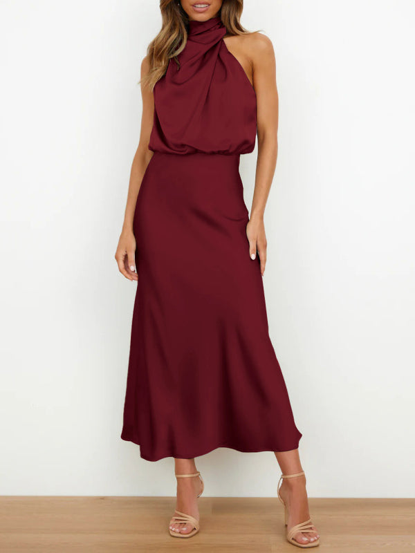 Women's Solid Color Halter Neck Satin Midi Dress