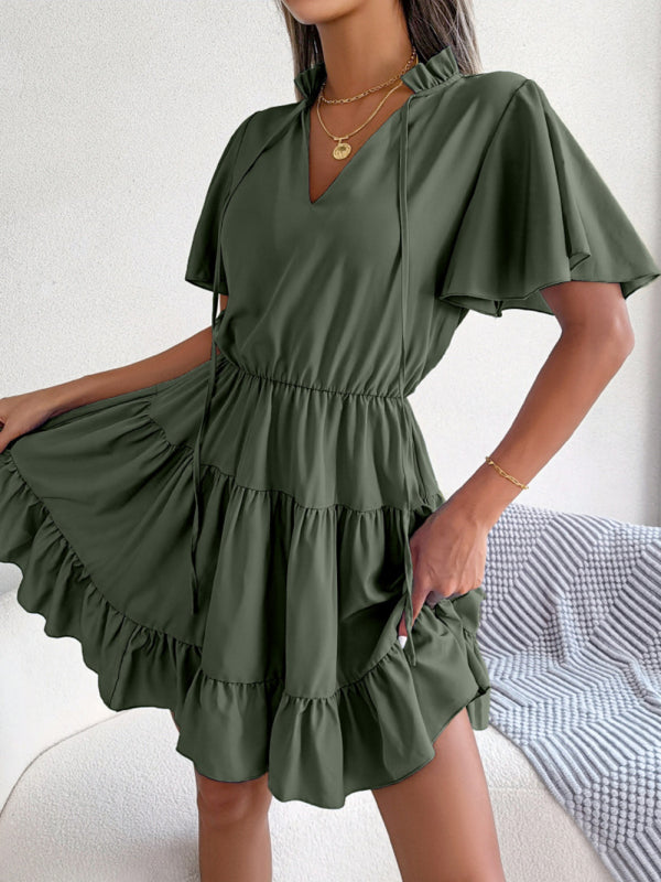 Women's Solid Color Lotus Leaf Swing A-Line Dress