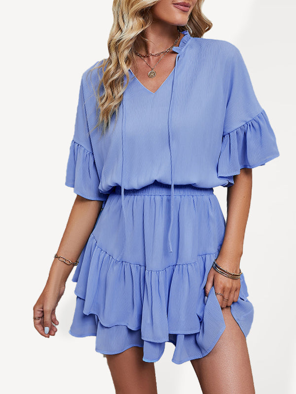 Women's Solid Color Flutter Ruffle Sleeve Tie Neck Minidress