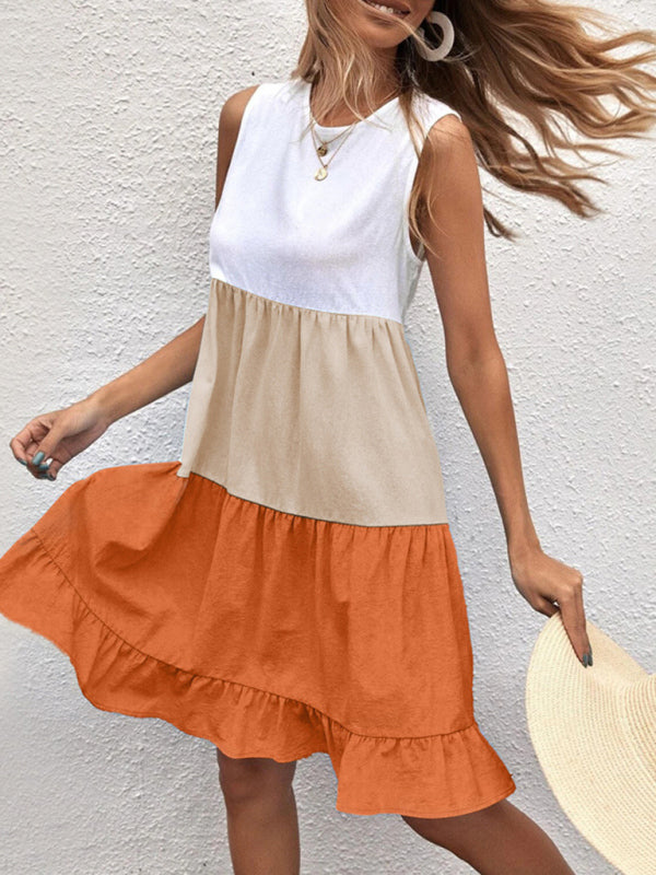 Women's loose casual stitching contrast color ruffled sleeveless vest dress