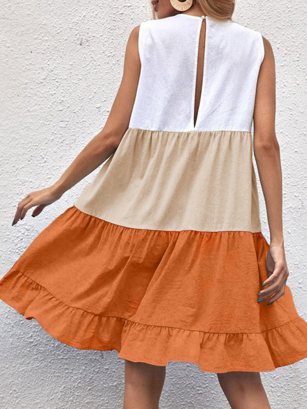 Women's loose casual stitching contrast color ruffled sleeveless vest dress