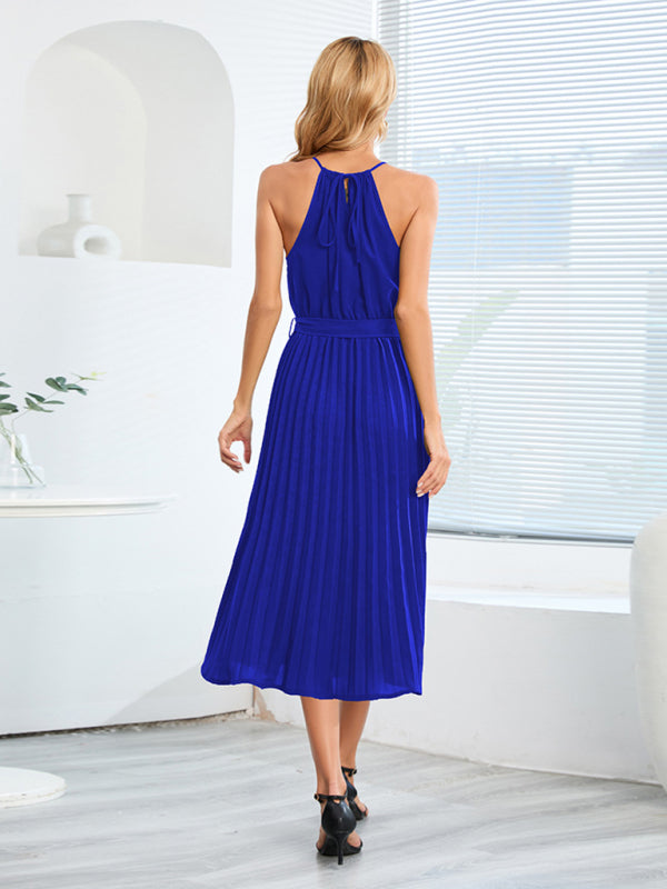 Women's Solid Color Pleated Halter Midi Dress