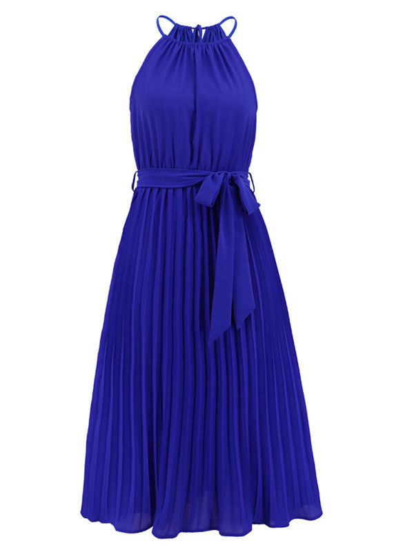 Women's Solid Color Pleated Halter Midi Dress