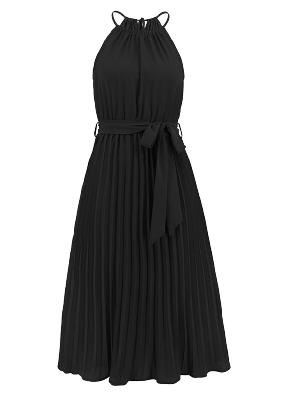 Women's Solid Color Pleated Halter Midi Dress