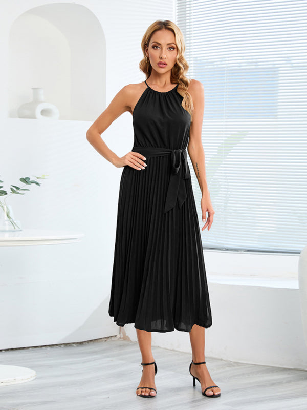 Women's Solid Color Pleated Halter Midi Dress