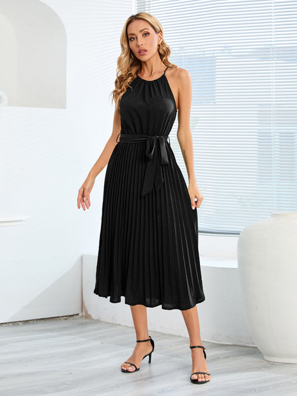 Women's Solid Color Pleated Halter Midi Dress