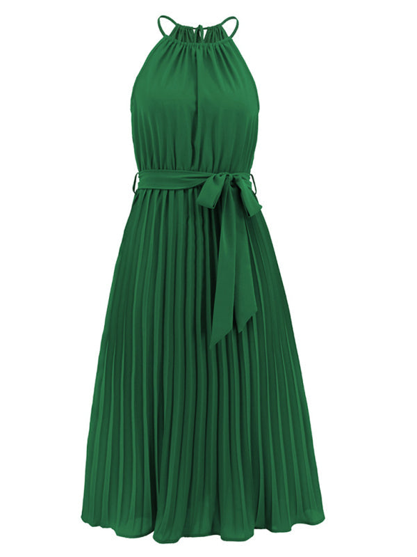 Women's Solid Color Pleated Halter Midi Dress