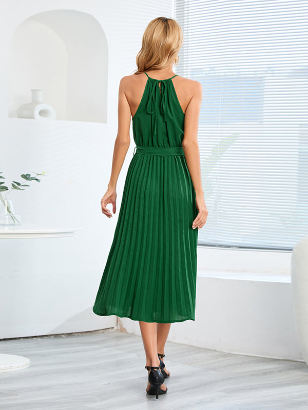 Women's Solid Color Pleated Halter Midi Dress