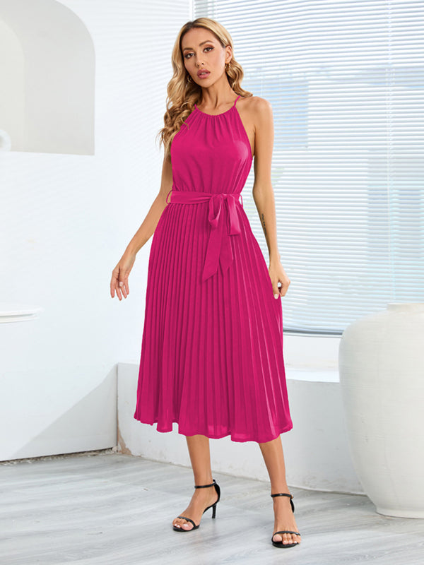 Women's Solid Color Pleated Halter Midi Dress