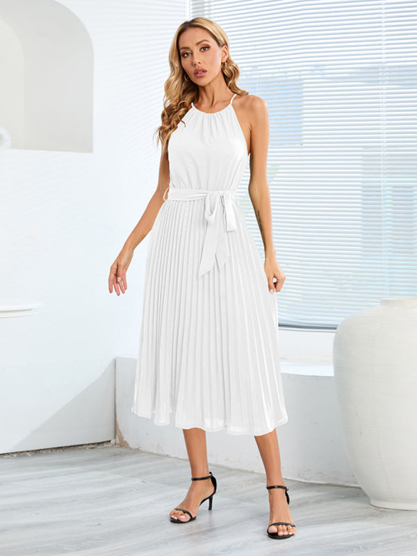 Women's Solid Color Pleated Halter Midi Dress