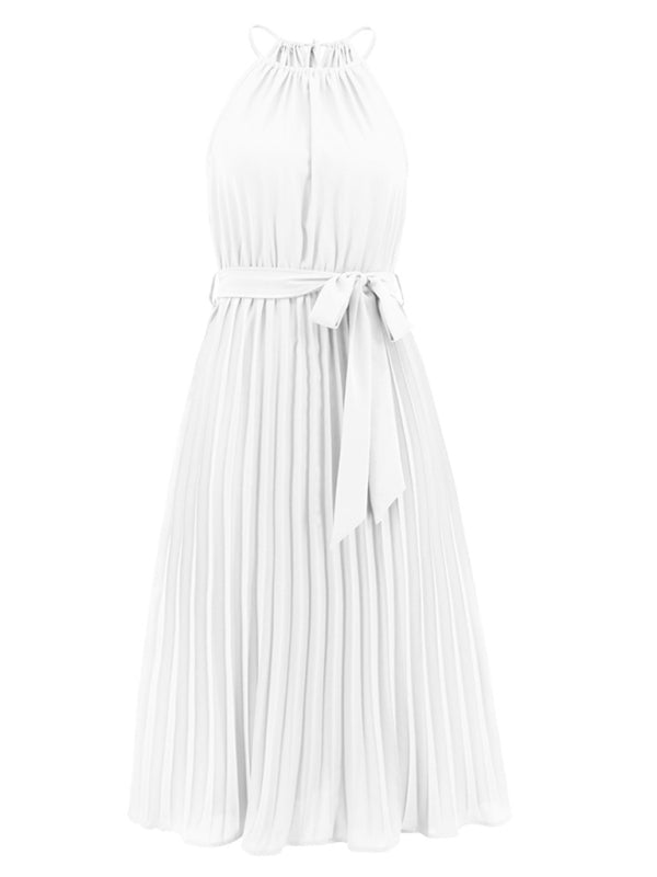 Women's Solid Color Pleated Halter Midi Dress