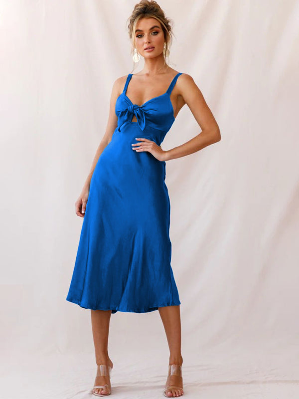 Women's Solid Color Tie-front Cutout Satin Midi Dress