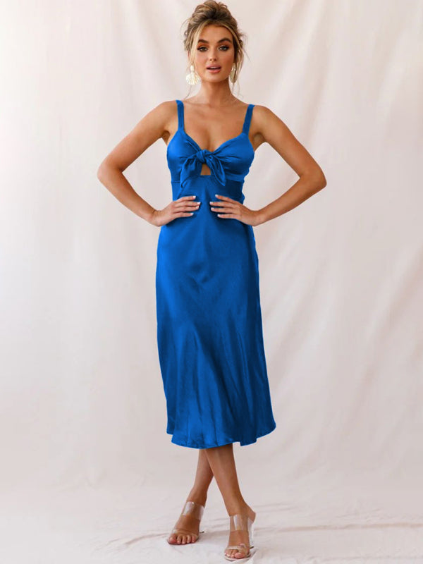 Women's Solid Color Tie-front Cutout Satin Midi Dress