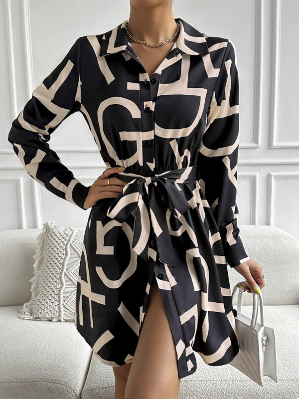 Women's woven commuter fashion geometric print long-sleeved dress